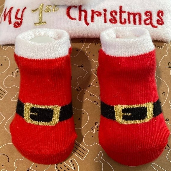 Santa "MY 1st CHRISTMAS" Santa Hat & Booties Gift set for Infant/Baby 0-6M NEW! - Picture 5 of 13